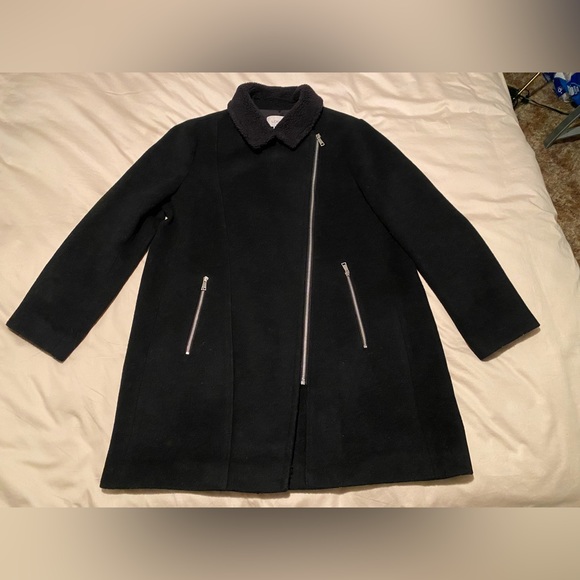 Loft Ann Taylor wool Sherpa moto zipper long black winter coat jacket oversized - Picture 6 of 12